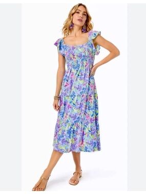 Lilly Pulitzer Pastel Floral Smocked Midi Dress size medium NWT